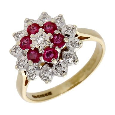 Pre-Owned Vintage 1987 9ct Gold Ruby & Diamond Cluster Ring
