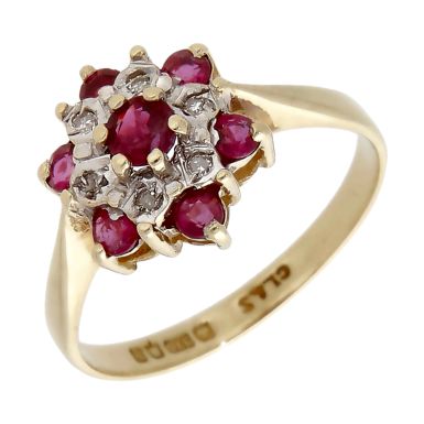 Pre-Owned Vintage 1987 9ct Gold Ruby & Diamond Cluster Ring