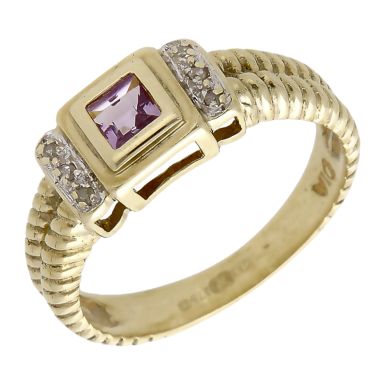 Pre-Owned 9ct Yellow Gold Amethyst & Diamond Dress Ring