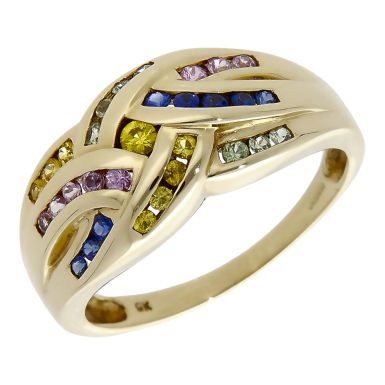 Pre-Owned 9ct Yellow Gold Multi Gemstone Crossover Wave Ring