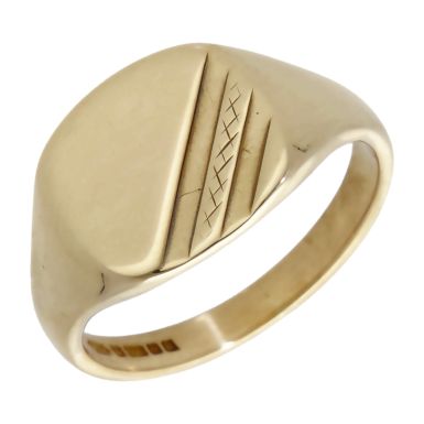 Pre-Owned 9ct Yellow Gold Striped Corner Signet Ring