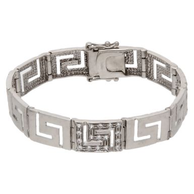 Pre-Owned 9ct White Gold 6.25" Cubic Zirconia Greek Key Bracelet
