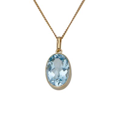 Pre-Owned 9ct Gold Oval Blue Topaz Pendant & Chain Necklace