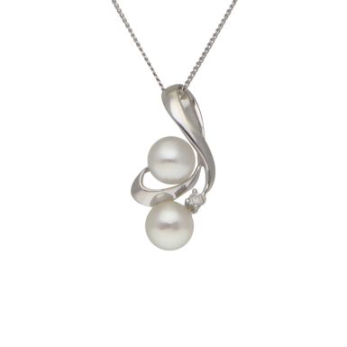 Pre-Owned 9ct White Gold Pearl & Diamond Wave Pendant Necklace