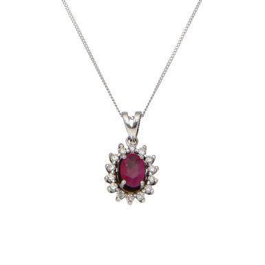 Pre-Owned White Gold Ruby & Diamond Cluster Pendant Necklace