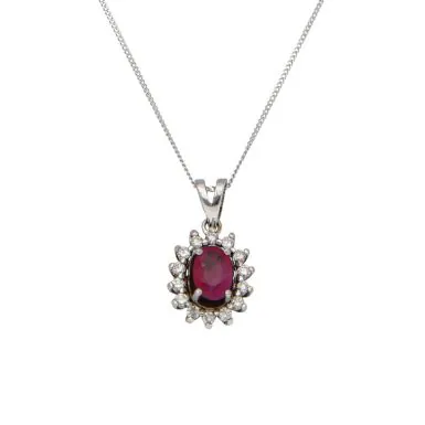 Pre-Owned White Gold Ruby & Diamond Cluster Pendant Necklace