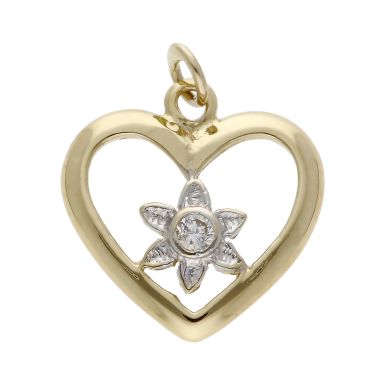 Pre-Owned 14ct Gold Cubic Zirconia Flower Set Heart Pendant